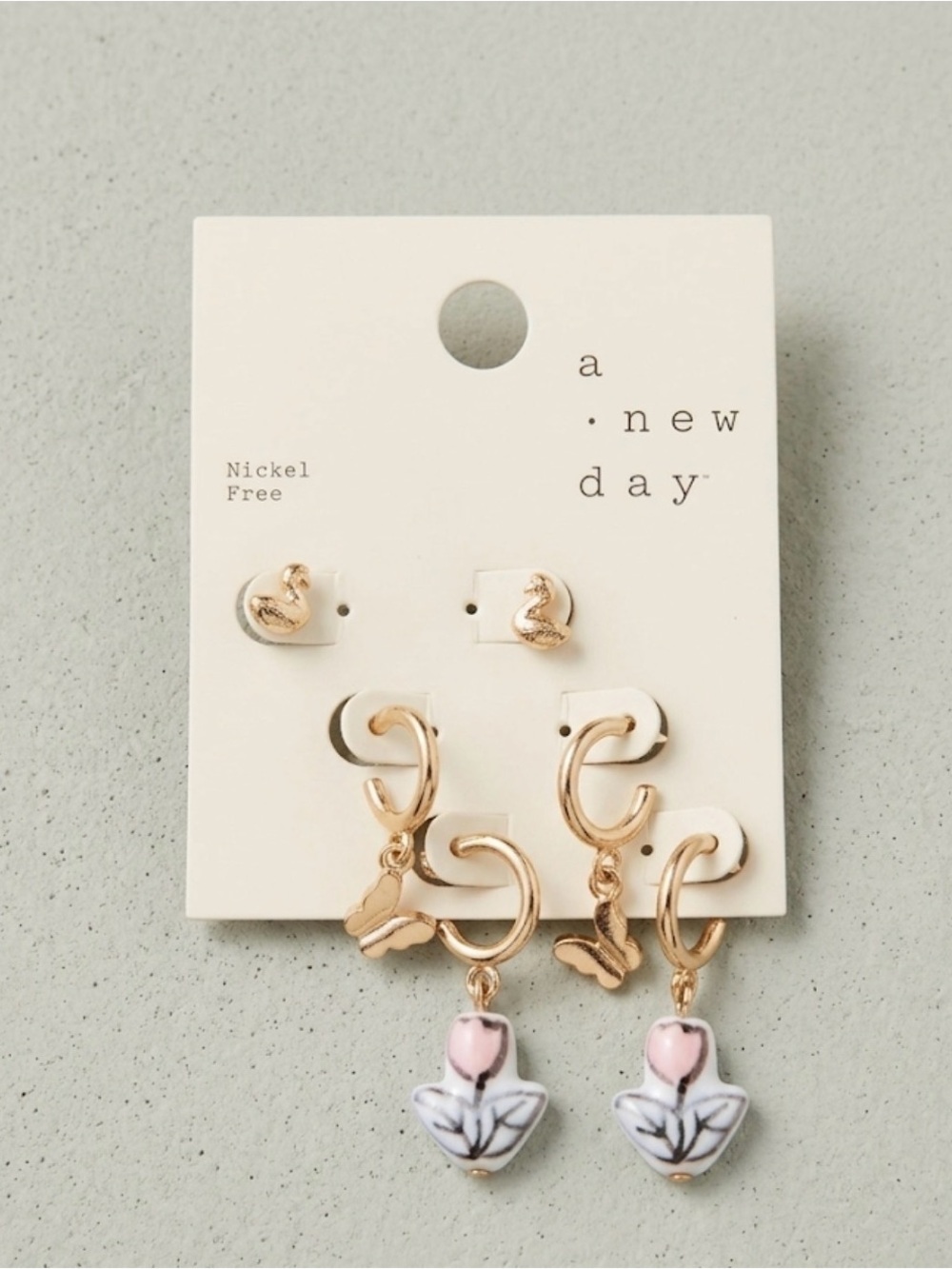 a.new day Set of Gold Hoop Earrings with Pink Floral Drops